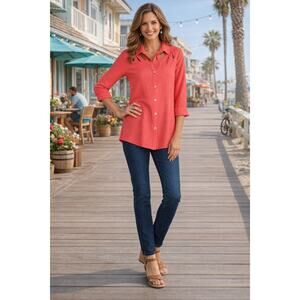 Soft Surroundings Peekaboo Cut Out Button Up Top Womens Size Medium Coral